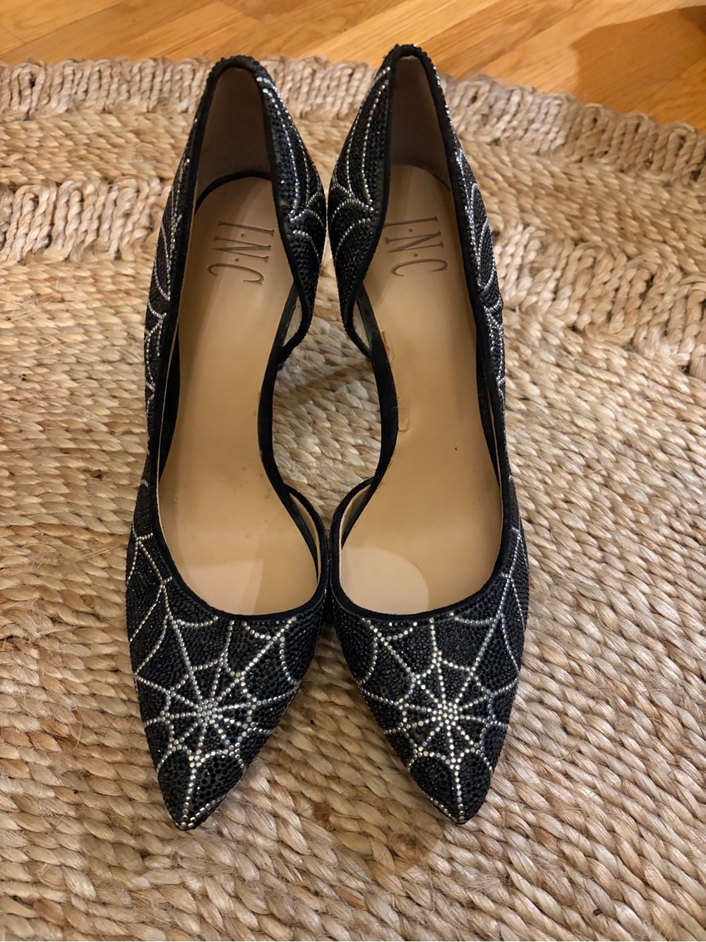 INC International Concepts Black Sparkle Crystal Web D'Orsay Pointed Pumps